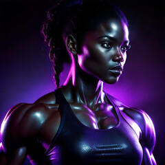 Strong female silhouette with a sculpted physique posing confidently against a vibrant backdrop