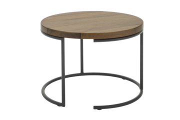 A modern round side table featuring a wooden plank top and a minimalist black metal frame, ideal for home decor. background removed