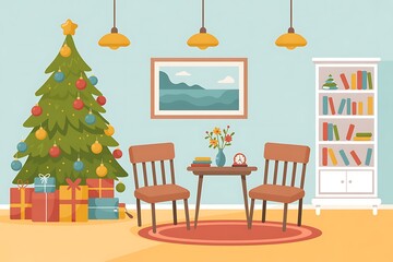A cozy living room decorated for Christmas with a tree, gifts, and a bookshelf, creating a warm holiday atmosphere.