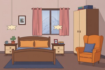 A cozy bedroom features a wooden bed with orange pillows, flanked by nightstands, and an armchair near a wardrobe with a window showing a winter landscape.