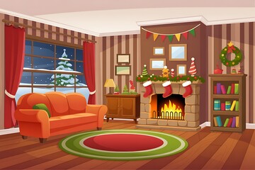A cozy living room decorated for Christmas with a fireplace and a snowy window view.