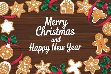 Festive gingerbread cookies and holly form a border around a Merry Christmas and Happy New Year greeting.