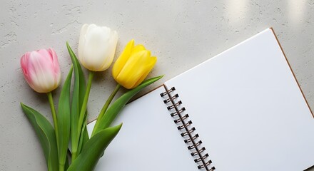 Three tulips and open notebook on textured surface