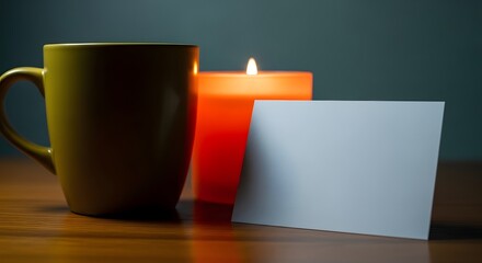 Yellow mug with lit candle and blank card on wooden table