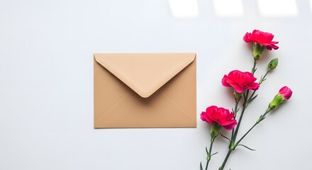 Brown envelope with pink carnations isolated on white background
