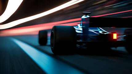 Obraz premium Experience the thrill of high-speed racing with this Formula One car as it navigates the track, blurring past in a symphony of motion and speed. Lights streak by in an abstract race.