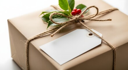 Gift box wrapped in brown paper with holly and blank tag