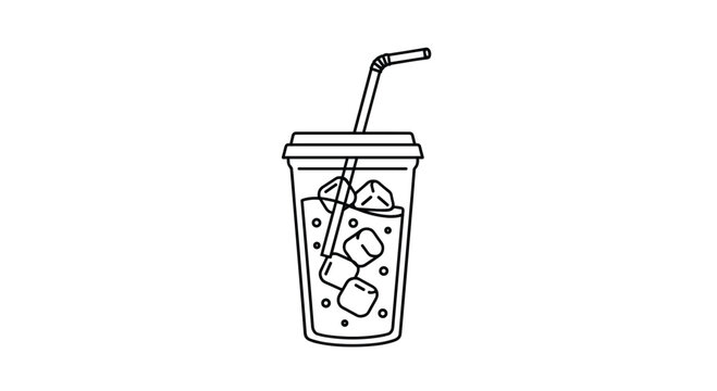A refreshing iced drink in a clear takeaway cup with a lid and a straw, featuring several ice cubes and bubbles, rendered in simple line art.