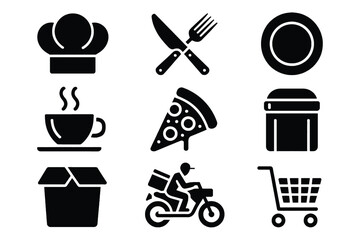 Food delivery and restaurant icons in a grid on white chef hat
