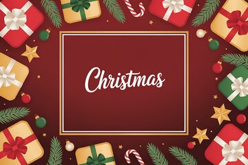 A festive Christmas background features gift boxes, pine branches, and candy canes arranged around a central frame.