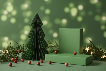 A festive green Christmas tree display with a product podium and scattered ornaments against a bokeh background.