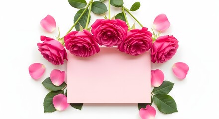 Pink roses and petals with a blank card isolated on white background