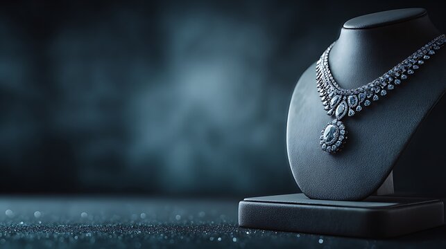 Luxury fashion jewelry necklace placed on minimal podium lower center with delicate sparkle effects, large dark gradient background occupying top portion adding premium elegant accessory look