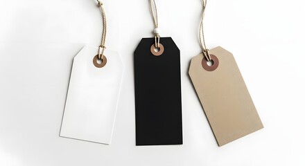 Three blank tags mockup, white, black, and brown, on white background