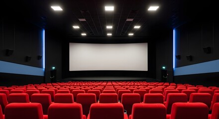 Empty cinema hall with red seats and large screen