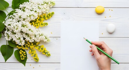Hand writing on paper with lilac flowers and macaron