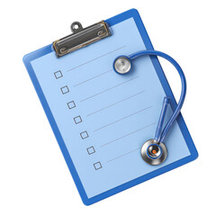 A clipboard with a checklist and a stethoscope placed beside it, used for medical evaluations in healthcare