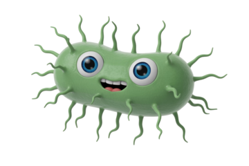 This 3D render shows a cute green bacterium character with large blue eyes, a smiling mouth, and many waving tentacles. background removed