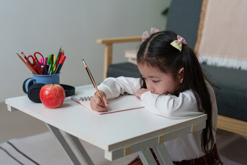 Young Girl Concentrating on Homework at Desk
