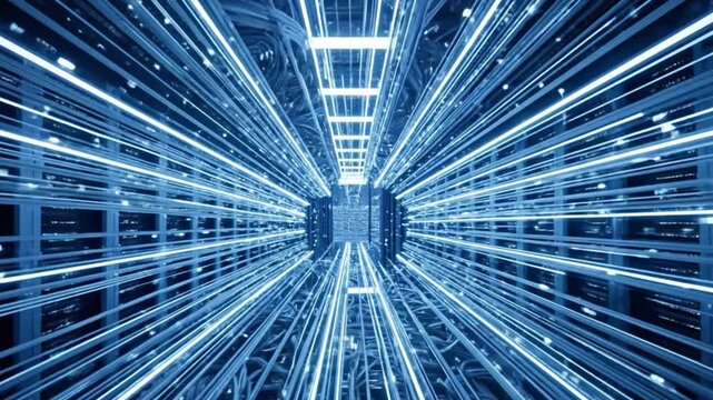 Experience the speed of data flowing through a modern server room with vibrant blue light trails and cutting edge technology for seamless connectivity