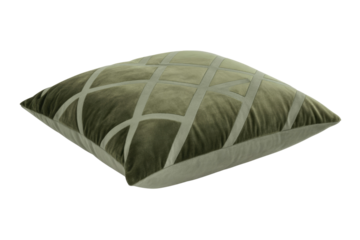 A luxurious olive green velvet throw pillow featuring a stylish geometric grid pattern, perfect for modern home decor. background removed