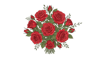 A bouquet of red roses with green leaves and buds on a white background
