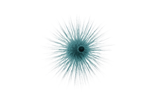 A captivating micrograph displays a teal-centered, radial object with countless delicate white tendrils extending outward, resembling a microscopic life form or abstract burst. background removed - Powered by Adobe