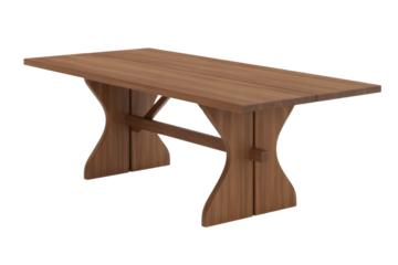 A robust, natural wood trestle table featuring a rectangular top and distinctively curved bases connected by a central stretcher. Rustic and traditional. background removed