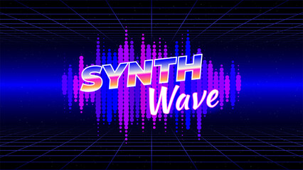 Obraz premium Retro futuristic abstract background. Synthwave 80s style poster. Music template. Neon triangle, 3d laser grid, audio signal waveform. Wireframe, mesh floor. Starry sky background. Vector