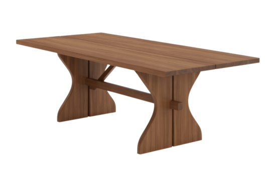 A robust, natural wood trestle table featuring a rectangular top and distinctively curved bases connected by a central stretcher. Rustic and traditional. background removed