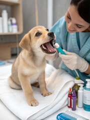 Veterinary technician with a cheerful attitude performing dental care on a playful puppy in a clinic