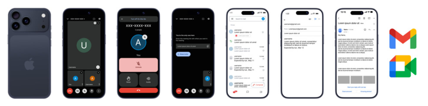 Gmail UI Google Meet mockup on iPhone 17 Pro Max . with inbox view, email thread. Google Meet video call UI design in dark mode for mobile