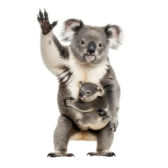 Obraz premium Cute koala waving its body while carrying baby koala, isolated on white background. Adorable wildlife mother and child moment, perfect for design and print.