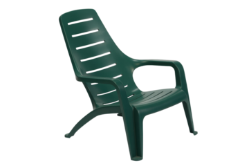 A dark green plastic outdoor chair with armrests and a slotted back, perfect for garden, patio, or poolside relaxation. background removed