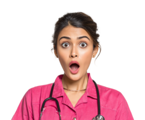 Doctor surprised reaction in medical portrait isolated on transparent background