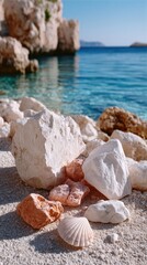 Close Up Of Small Rocks Coral Pieces And Seashell On A Beach With A Beautiful Ocean Background In Bright Sunlight