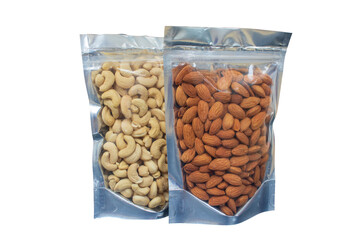 Almonds - Badam and Cashew nuts - Kesu Nuttz in transparent package on transparent background
