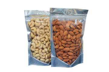 Almonds - Badam and Cashew nuts - Kesu Nuttz in transparent package on transparent background