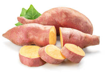 Red-skin sweet potatoes and potato slices isolated on white background.