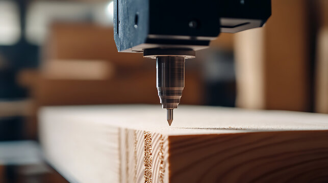 CNC router carving wooden material. Precise woodworking with advanced technology. Automated cutting of a wooden plank for furniture manufacturing.