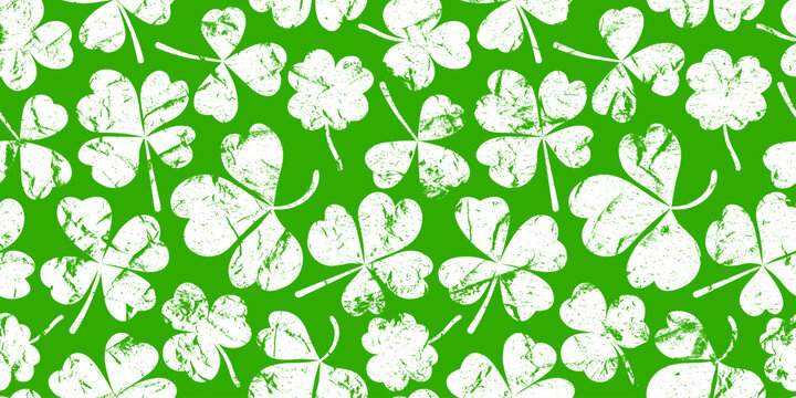 Shamrock or green clover leaves pattern background flat design vector illustration. St Patrick Day shamrock symbols decorative elements horizontal pattern texture.