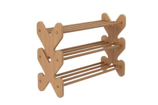 A modern three-tier light wood shoe rack with distinctive heart-shaped side panels and slatted shelves, presented on a dark transparent background. background removed