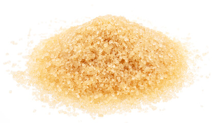 Pile of light brown sugar, isolated on white background. Top view.