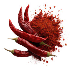 Bright red chili peppers are arranged next to a pile of chili powder, highlighting their flavor in cooking