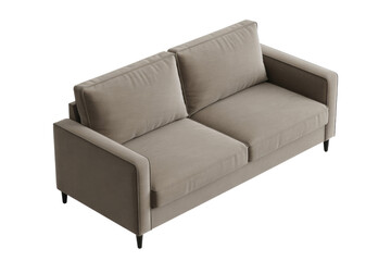 Fototapeta premium A modern, minimalist two-seater sofa in a neutral taupe fabric. Features clean lines, comfortable cushions, and dark tapered legs, ideal for contemporary spaces. background removed