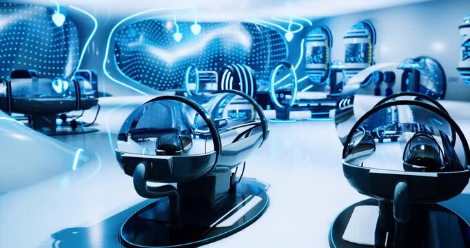 A high tech workspace showcases sleek, rounded devices under bright blue lighting. The environment features futuristic designs and intricate details, creating an innovative atmosphere.