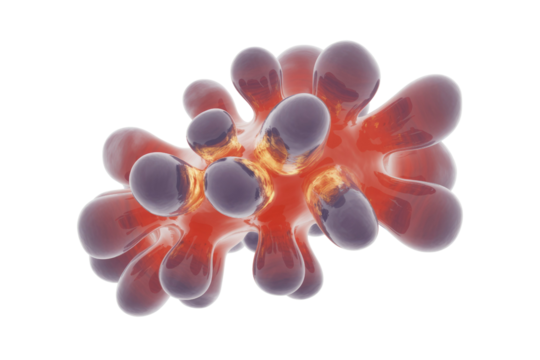 Abstract 3D render of a translucent red cell or virus with dark, glossy protrusions and an internal warm glow. background removed