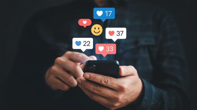 Hands holding smartphone displaying social media reactions, likes, and comments, perfect for digital marketing and engagement