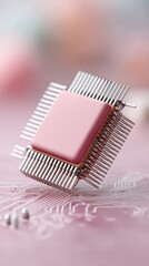 Close Up Photo of Pink Integrated Circuit Chip with Silver Heat Sinks on a Pink Circuit Board with White Lines and Soft Bokeh Background