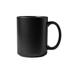 This black ceramic mug sits on a plain background, ideal for enjoying coffee or tea at any time of day